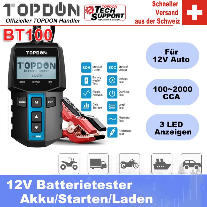 TOPDON Autobatterie Tester BT100, 12V BatterieTester KFZ mit 100-2000 CCA  Batterietest Kurbeltest Ladesystem Test für Auto ATV SUV PKW-LKW Boot,  Schwarz : : Auto & Motorrad